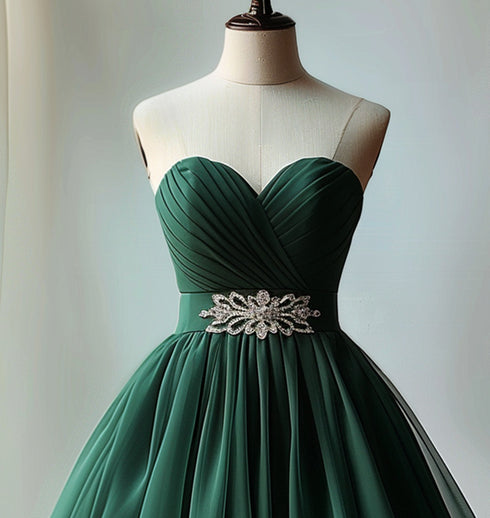 Dark Green Beaded Chiffon Sweetheart Party Dress, Green Homecominig Dress