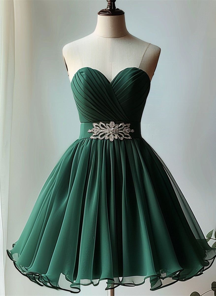 Dark Green Beaded Chiffon Sweetheart Party Dress, Green Homecominig Dr
