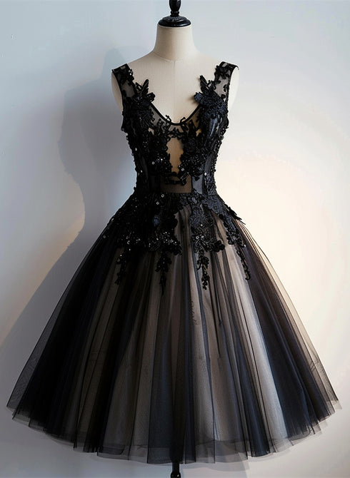 Black V-neckline Tulle with Lace Short Party Dress, Black Homecoming Dress