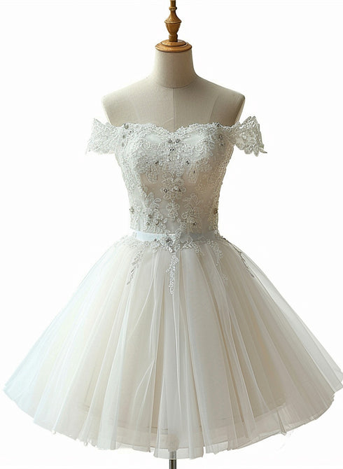 Cute White Short Tulle with Lace Applique Prom Dress, White Homecoming Dress