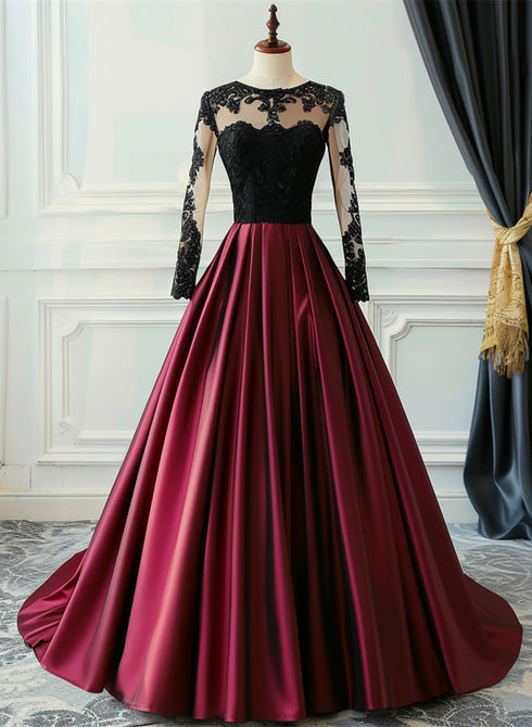 Wine Red Satin with Black Lace Long Sleeves Prom Dress, Satin Formal Dress