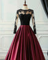 Wine Red Satin with Black Lace Long Sleeves Prom Dress, Satin Formal Dress