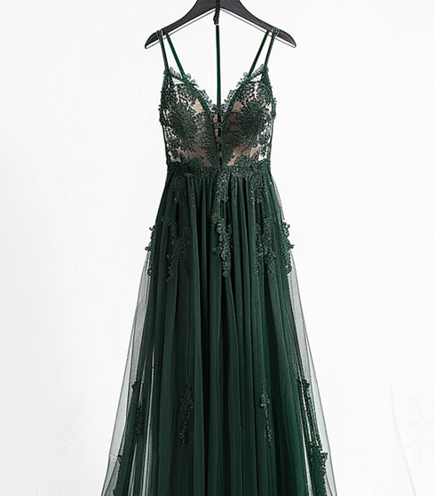 A-line V-neckline Tulle with Lace Green Prom Dress, Green Tulle Evening Dress