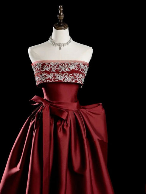 Wine Red Satin Long Formal Dress, Strapless Wine Red A-line Prom Dress