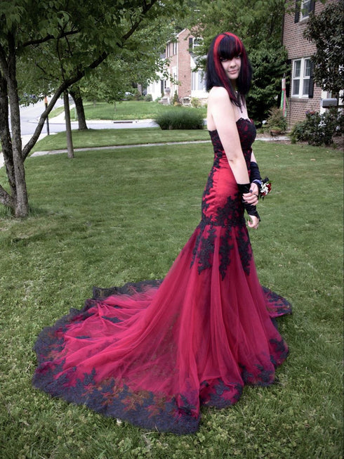 Wine Red Tulle with Black Lace Applique Mermaid Party Dress, Wine Red Tulle Prom Dress