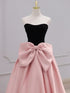 Pink and Black Scoop A-line Prom Dress with Bow, Long Evening Dress Party Dress