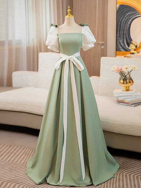 Light Green Satin Puffy Short Sleeves Long Party Dress, Light Green Satin Prom Dress