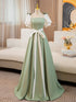 Light Green Satin Puffy Short Sleeves Long Party Dress, Light Green Satin Prom Dress