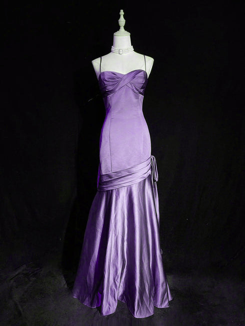 Purple Mermaid Straps Sweetheart Long Evening Dress,Purple Satin Prom Dress