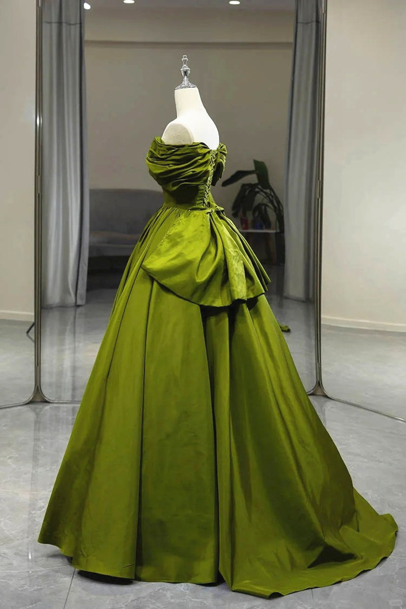 Green Satin Long A-Line Ball Gown, Short Sleeve Green Formal Evening Dress