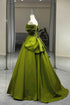 Green A-line Off Shoulder Satin Long Party Dress, Green Satin Formal Dress Prom Dress