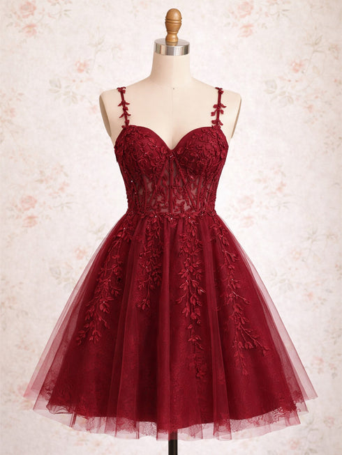 Wine Red Beaded V-neckline Short Party Dress, Wine Red Straps Homecoming Dress
