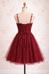 Wine Red Beaded V-neckline Short Party Dress, Wine Red Straps Homecoming Dress