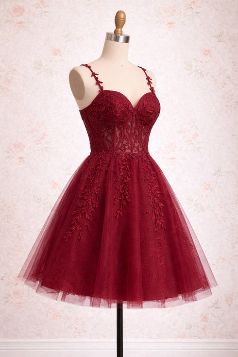 Wine Red Beaded V-neckline Short Party Dress, Wine Red Straps Homecoming Dress