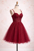 Wine Red Beaded V-neckline Short Party Dress, Wine Red Straps Homecoming Dress