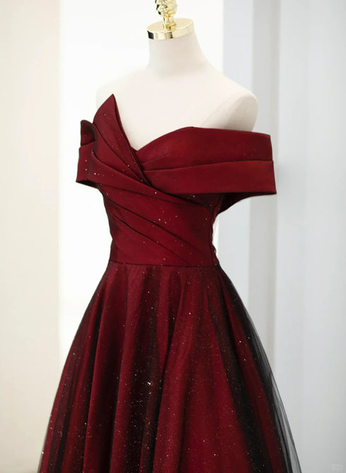 A-line Off Shoulder Wine Red Tulle Long Party Dress, Wine Red and Black Prom Dress
