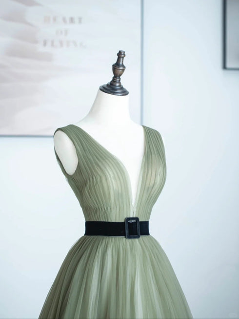 Light Green A-line Tulle V-neckline Long Formal Dress, A-line Floor Length Prom Dress