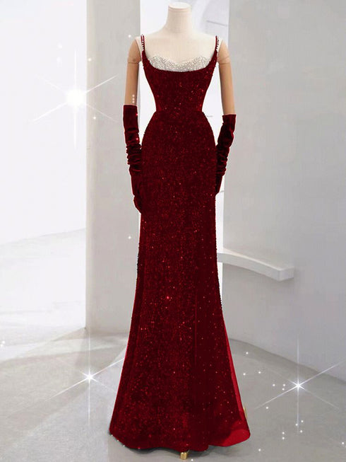 Wine Red Sequins Mermaid Straps Long Formal Dress, Wine Red Beaded Prom Dress Evening Dress