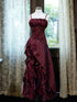Wine Red Spaghetti Straps A-line Taffeta Long Prom Dresses, Elegant Floor Length Layers Evening Dress