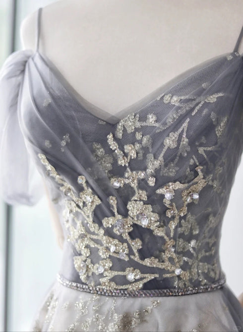 Light Grey Tulle A-line Straps Long Party Dress, Grey Tulle Evening Dress