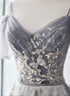 Light Grey Tulle A-line Straps Long Party Dress, Grey Tulle Evening Dress