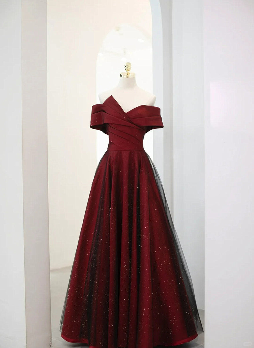 Off Shoulder Wine Red Velvet and Tulle Party Dress