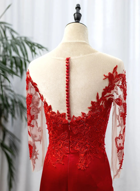 Red Satin with Lace Round Neckline Party Dress, Red Satin Evening Dress