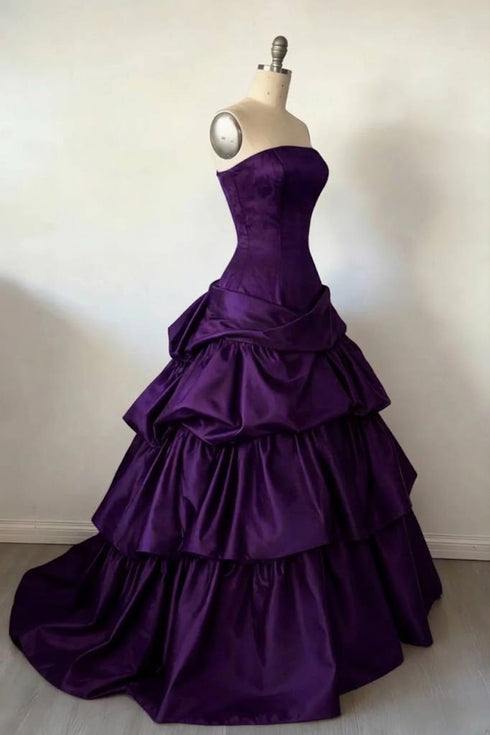 Purple Strapless Tiered Satin Prom Dress, Ruffle Ball Gown Long Party Dress Evening Gown