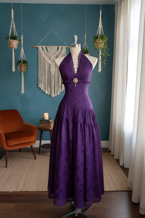 Gothic Purple Lace Halter Neck Evening Gown, Purple Lace A-line Prom Dress Party Dress