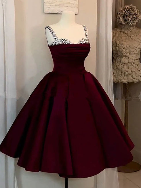 Wine Red Satin Beaded Straps Knee Length Party Dress, Wine Red Satin Homecoming Dress
