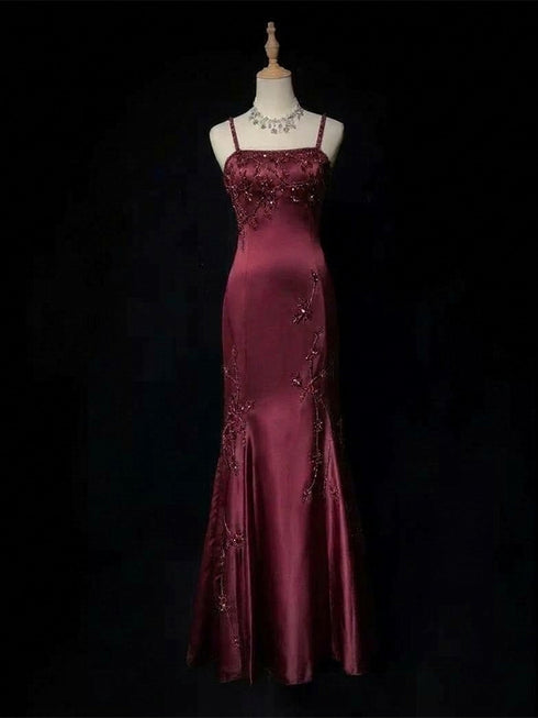 Wine Red Beaded Straps Satin Long Prom Dress, Wine Red Lace-up Formal Dress Evening Dress