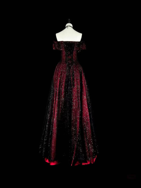 A-line Off Shoulder Black and Red Gothic Prom Dress, Sweetheart Long Formal Gowns