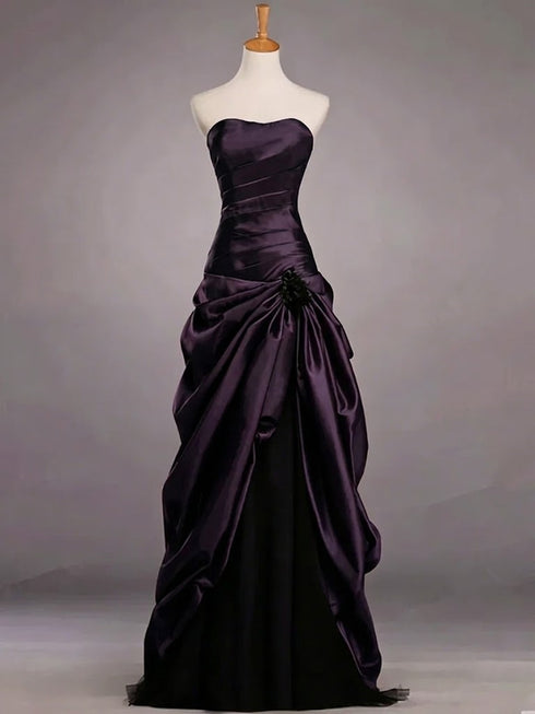 A-line Strapless Ruched Black and Purple Long Prom Dress, Gothic Evening Dress with Lace-Up