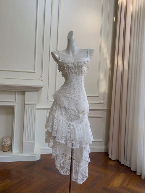 White Lace High-Low Party Dress with Beaded Bodice, Elegant Straps Lace Prom Dress