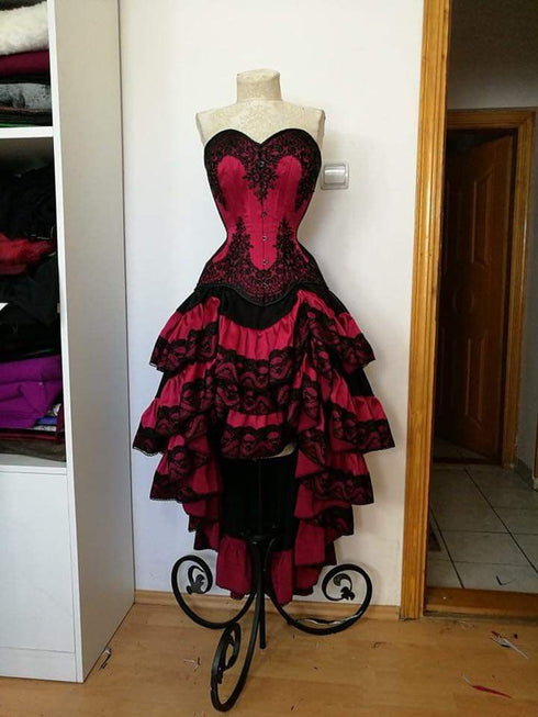 Red and Black Gothic Corset High Low Party Dress, High-Low Ruffled Homecoming Dress with Lace