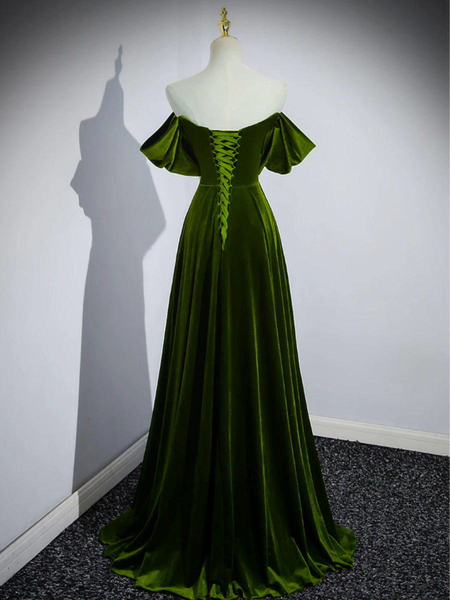 A-line Green Velvet Off Shoulder Prom Dress, Green Velvet Party Dress Evening Dress US 12 / Green A-line Green Velvet Off Shoulder Prom Dress, Green Velvet Party Dress Evening Dress US 12 / Green