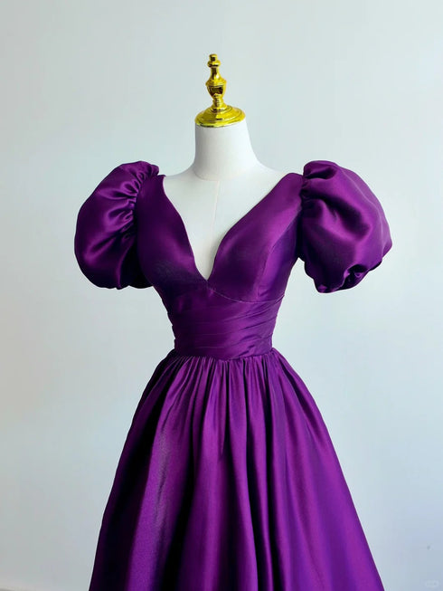Purple Satin A-line Short Sleeves Long Formal Dress, Purple Evening Dress Prom Dress