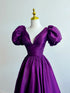 Purple Satin A-line Short Sleeves Long Formal Dress, Purple Evening Dress Prom Dress
