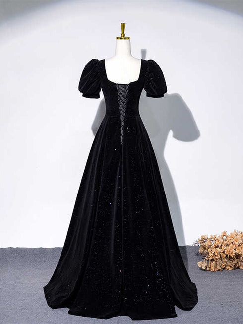 Black Velvet A-line Short Sleeves Sweetheart Prom Dress, Black Velvet Evening Dress