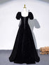 Black Velvet A-line Short Sleeves Sweetheart Prom Dress, Black Velvet Evening Dress
