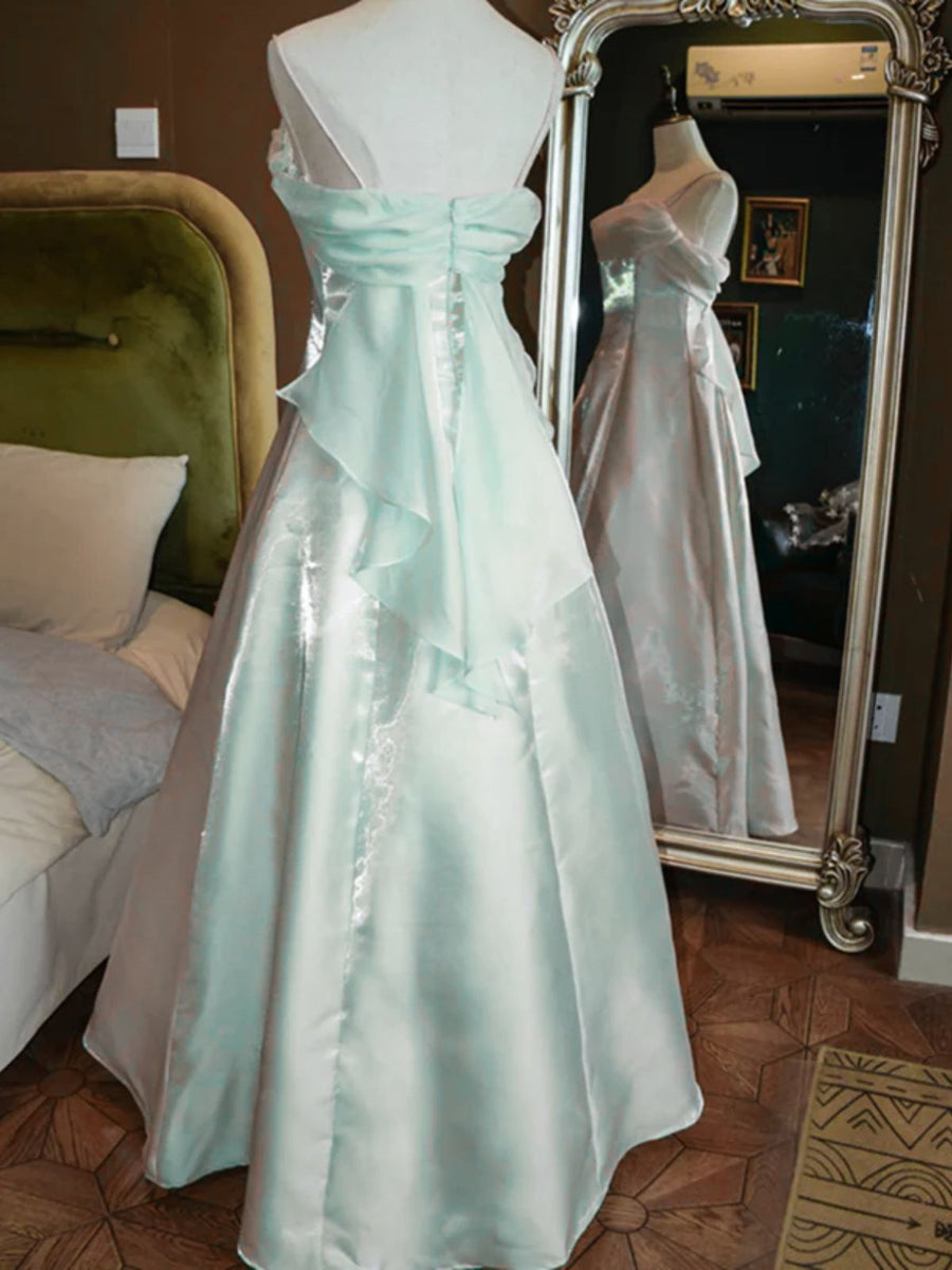 Light Green Satin Straps A-line Prom Dress, Light Green Satin Party Dr