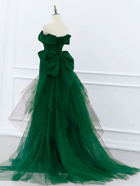 Green Sweetheart Satin and Tulle Party Dress, Green Off Shoulder Prom Dress