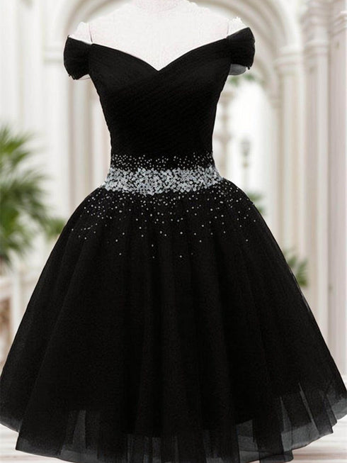 Black Beaded Off Shoulder Tulle Homecoming Dress, Black Tulle Short Party Dress