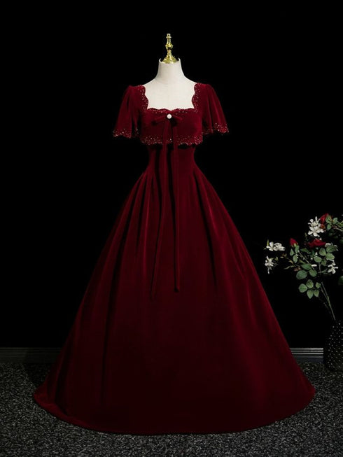 A-line Wine Red Velvet Short Sleeves Floor Length Party Dress, Wine Red Velvet Prom Dress