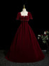 A-line Wine Red Velvet Short Sleeves Floor Length Party Dress, Wine Red Velvet Prom Dress