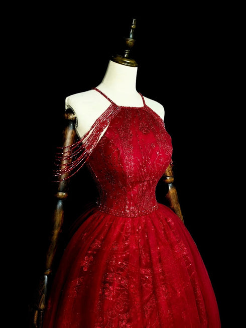 Wine Red Tulle Beaded Halter A-line Long Formal Dress, Wine Red Shiny Tulle Prom Dress