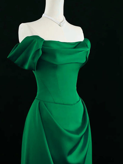 Green Off Shoulder A-line Floor Length Formal Dress, Green Satin Prom Dress Evening Dress