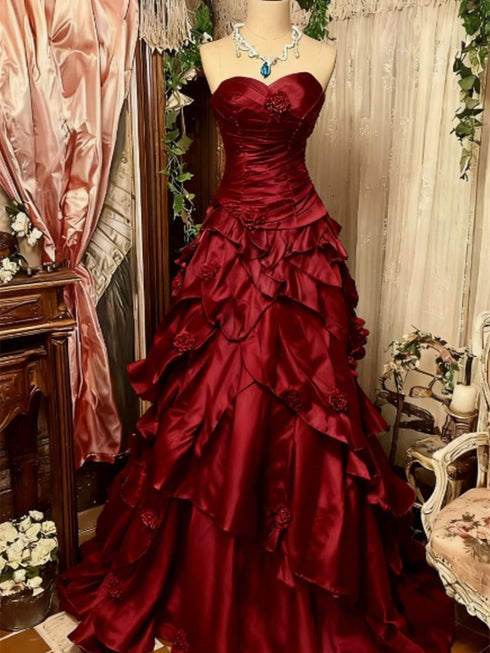 Wine Red Sweetheart Layers Taffeta Floor Length Party Dress, Wine Red Sweet 16 Dress