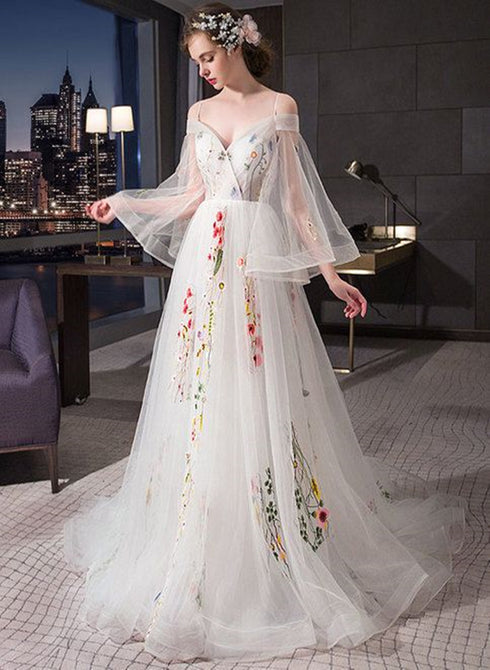 White Tulle Long Sleeves Lace Applique Long Party Dress, White Tulle Prom Dress