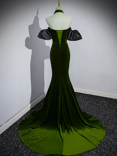 Green Velvet Sweetheart Mermaid Party Dress, Off Shoulder Green Velvet Prom Dress